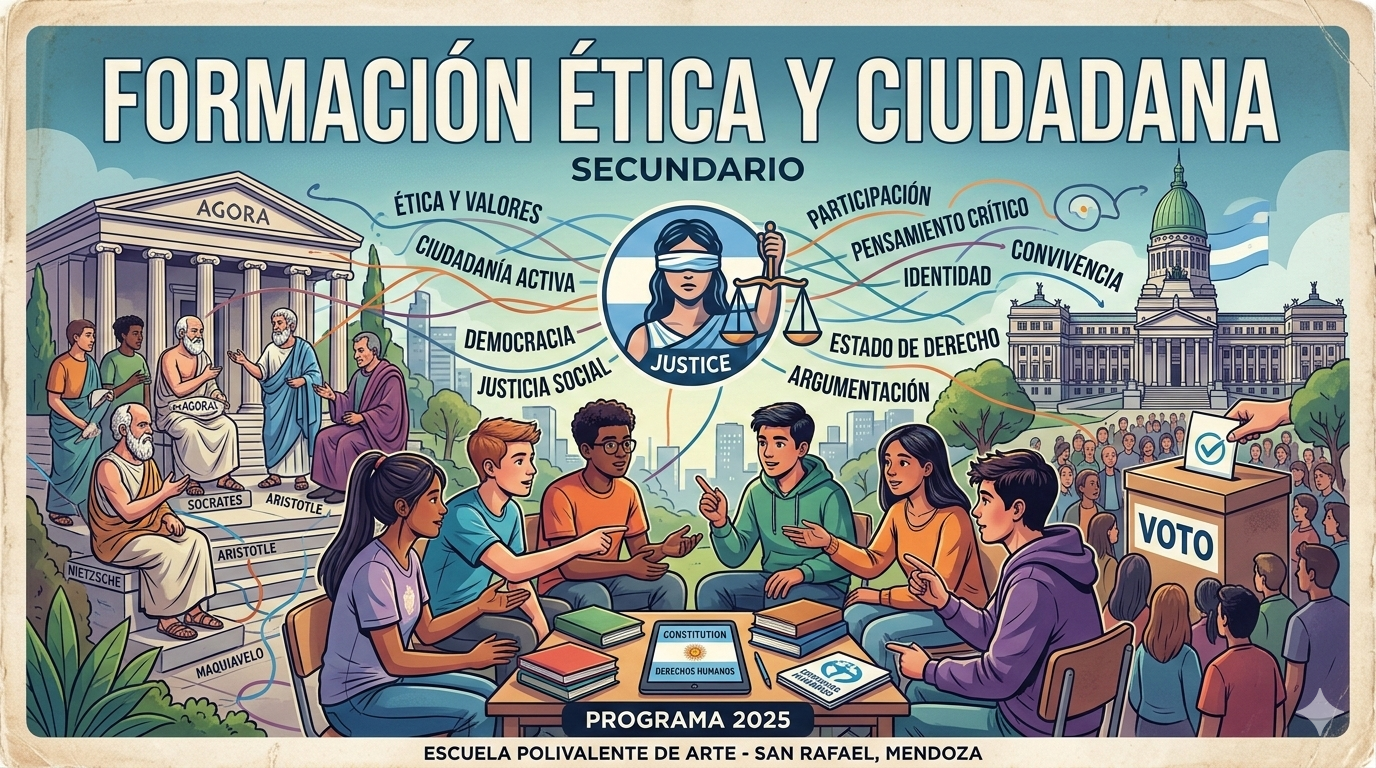Portada de la asignatura. Muestra personas discutiendo sobre ética en diferentes épocas. Desde los griegos antiguos a los argentinos modernos.
