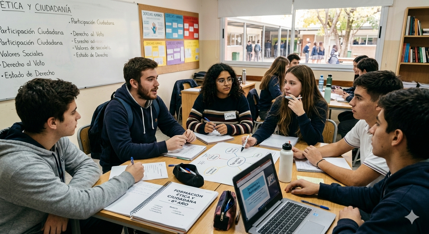 Grupo de estudiantes de Formación Ética discutiendo amablemente alrededor de una mesa.